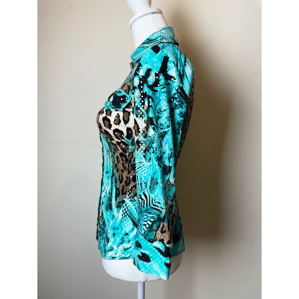 Cache Vintage Rhinestone Embellished Animal Print Snap-Front Top Sz S - Picture 6 of 13